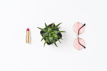 Fashion background with sunglasses, lipstick and succulent