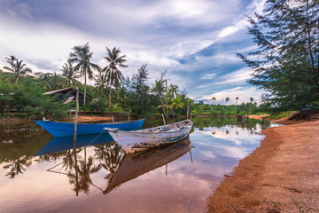 Fototapeta na wymiar The Couple Traditional boat at bintan island Indonesia