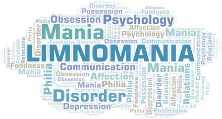 Limnomania word cloud. Type of mania, made with text only.