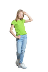 Fototapeta premium Portrait of cute little girl posing isolated on white background