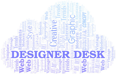 Obraz premium Designer Desk word cloud. Wordcloud made with text only.