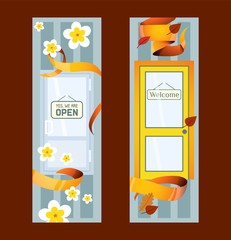 Front doors to houses and buildings set of banners in flat design vector illustration. Interior wooden, glass door of various forms. Entrance to shop. Yes, we are open, welcome signs.