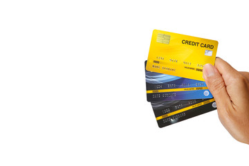 A man showing three credit cards isolate on white background.