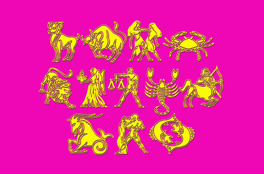 Set of golden Zodiac signs on a pink background