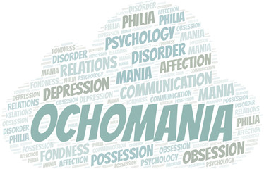 Ochomania word cloud. Type of mania, made with text only.