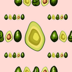 Avocado seamless pattern. Whole and sliced avocado