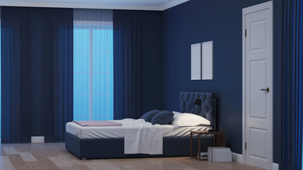 Fototapeta na wymiar Modern house interior. Bedroom in blue tonnes. Night. Evening lighting. 3D rendering.
