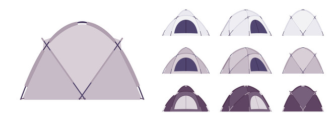 Dome tent set. Outdoor active sport and camping, sun shelter for travel, fishing or picnic equipment. Vector flat style cartoon illustration isolated on white background, different views and color © andrew_rybalko