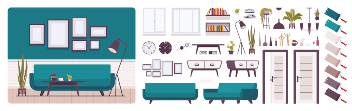 Living room interior, home, office creation set, comfort and classic elegance, kit with furniture, constructor elements to build own design. Cartoon flat style infographic illustration, color palette
