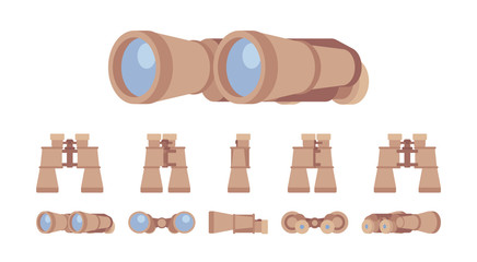 Binoculars optical instrument set. Glass lenses for viewing distant objects, to make a prognosis, research future. Vector flat style cartoon illustration isolated on white background, different views