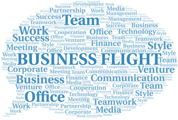 Business Flight word cloud. Collage made with text only.