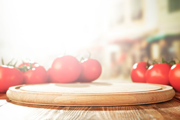 Desk of free space and summer background of tomatoes. 