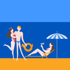 Young friends on the sea resort. Woman in underwear with cocktails relax in chaise lounge. People sunbathing on summer vacation in swimsuits. Happy Couple on the beach. Travel activity