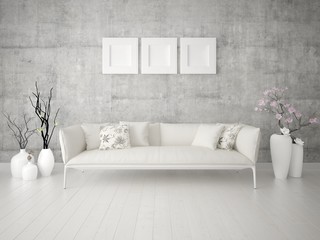  Mock up original living room with a classic light sofa and trendy hipster backdrop.