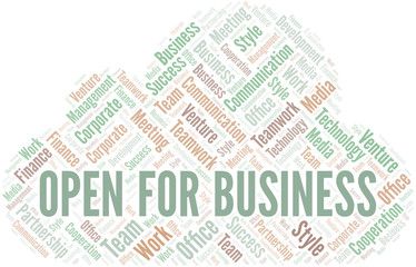 Open For Business word cloud. Collage made with text only.