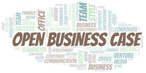 Open Business Case word cloud. Collage made with text only.