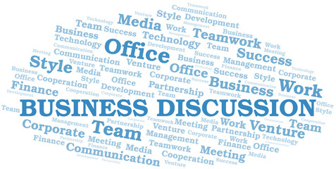 Business Discussion word cloud. Collage made with text only.