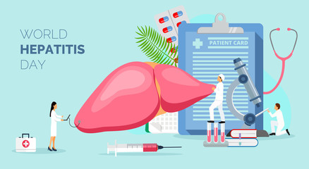 Concept of hepatitis A, B, C, D, cirrhosis, world hepatitis day. Tiny doctors treat the liver. Blue background vector for for website and mobile website development, apps is presented. - obrazy, fototapety, plakaty