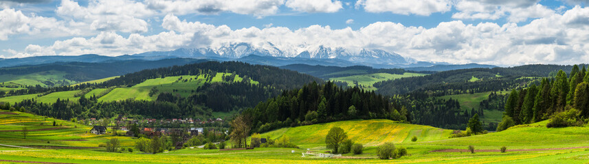 Fototapeta na wymiar Panoramic view over Tatra mountains range and traditional pasture meadows in Pieniny Park, Poland.