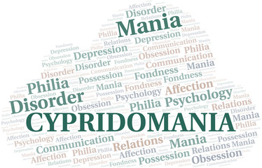 Cypridomania word cloud. Type of mania, made with text only.