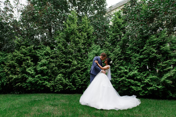 stylish newlyweds gently look at each other .Portrait of happy bride and groom in green trees in park. Happy bride and groom on their wedding . wedding concept. wedding photo.