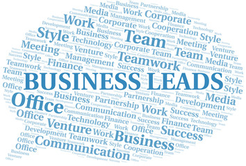 Business Leads word cloud. Collage made with text only.