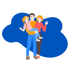 Cartoon portrait of happy family, cheerful parents with daughter. Young people with kid. Mother, father and child