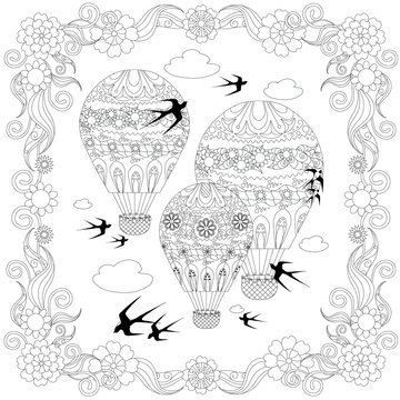 Anti stress abstract balloon, clouds, flying swallow, square flowering frame hand drawn monochrome vector illustration