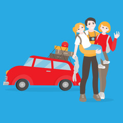 Flat family travel, car with baggage, bags and suitcases. Happy smiling parents with daughter on summer vacation, holiday auto tour