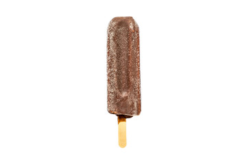 Ice cream lolly in chocolate glaze close-up with condensate and icing frost isolated on white background.
