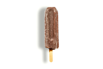Ice cream lolly in chocolate glaze close-up with condensate and icing frost, with shadow isolated on white background.