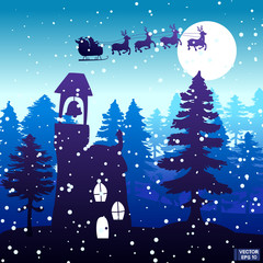 Santa Claus flies reindeer in harness over the houses.