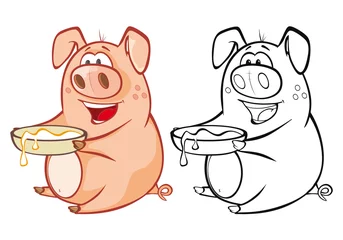 Foto op Plexiglas Vector Illustration of a Cute Cartoon Character Pig for you Design and Computer Game. Coloring Book Outline Set  © liusa