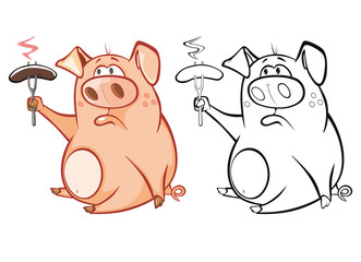 Vector Illustration of a Cute Cartoon Character Pig for you Design and Computer Game. Coloring Book Outline Set 