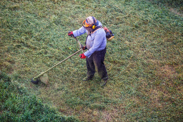 Top view fat dirty lawnmover man worker cutting dry grass with lawn mower.