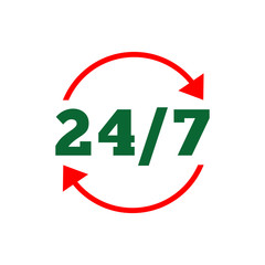 a round arrow with 24 7 days in the week inside icon
