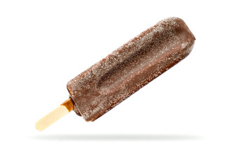 Ice cream lolly in chocolate glaze close-up with condensate and icing frost, with shadow isolated on white background.