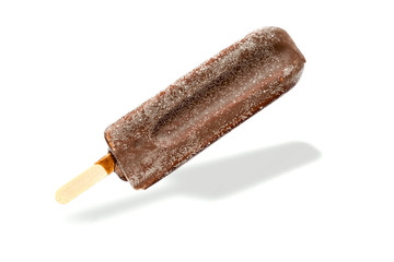 Ice cream lolly in chocolate glaze close-up with condensate and icing frost, with shadow isolated on white background.