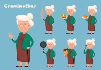 Grandmother cartoon character, set of seven poses