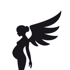 Vector black silhouette of pregnant woman with belly and wings. Isolated on white background.
