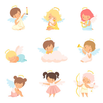 Cute Baby Angels with Nimbus and Wings Set, Adorable Boys And Girls Cartoon Characters in Angel Costumes Vector Illustration