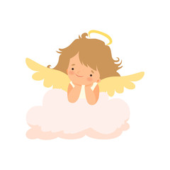 Adorable Girl Angel with Nimbus and Wings, Cute Baby Cartoon Character in Cupid or Cherub Costume Vector Illustration