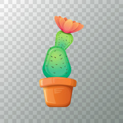 vector cartoon green cactus in pot isolated on transparent background. funny houseplant icon