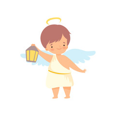 Cute Boy Angel with Nimbus and Wings Standing with Lantern, Lovely Baby Cartoon Character in Cupid or Cherub Costume Vector Illustration