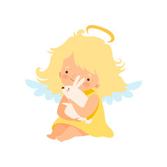 Cute Girl Angel with Nimbus and Wings Holding White Rabbit, Lovely Baby Cartoon Character in Cupid or Cherub Costume Vector Illustration