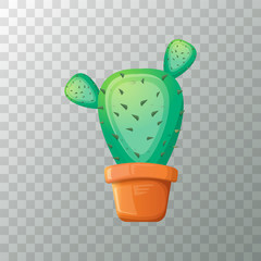 vector cartoon green cactus in pot isolated on transparent background. funny houseplant icon