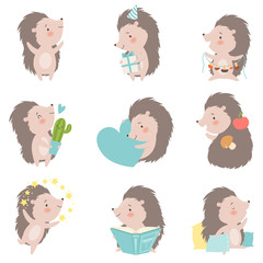 Collection of Cute Hedgehog Animal Cartoon Character Performing Daily Activities Vector Illustration