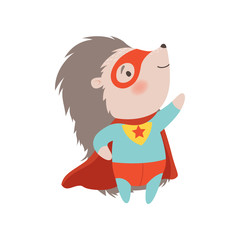 Cute Hedgehog Wearing Superhero Costume and Mask, Brave Prickly Animal Cartoon Character Vector Illustration