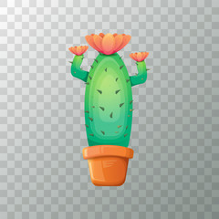 vector cartoon green cactus in pot isolated on transparent background. funny houseplant icon