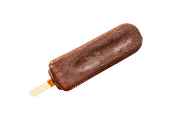 Ice cream lolly in chocolate glaze close-up with condensate isolated on white background.